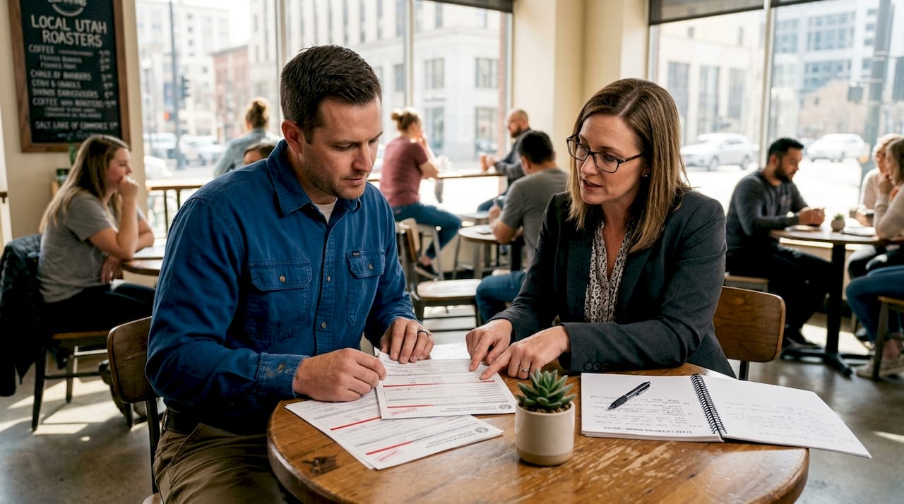 Contractor discussing license with Utah official